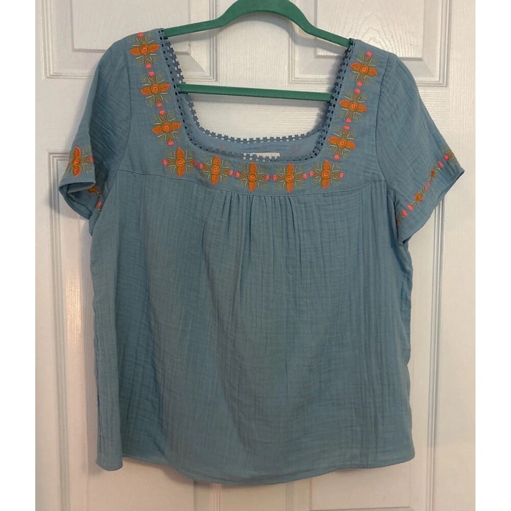 Boden Square Neck Embroidered Heron Blue Cotton Top Tunic Orange Pink, Size 14